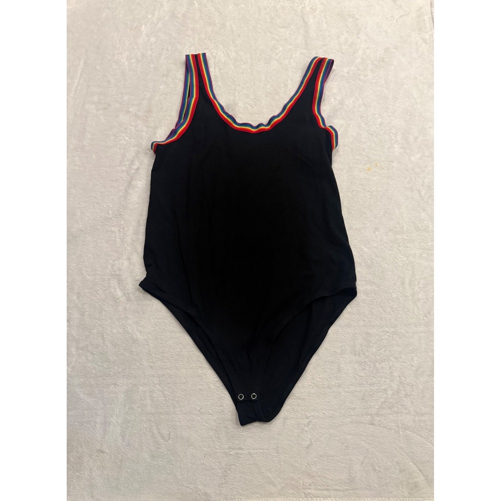Womens Black Rainbow Stripe Trim Scoop Neck Snap Crotch Bodysuit Sleeveless
